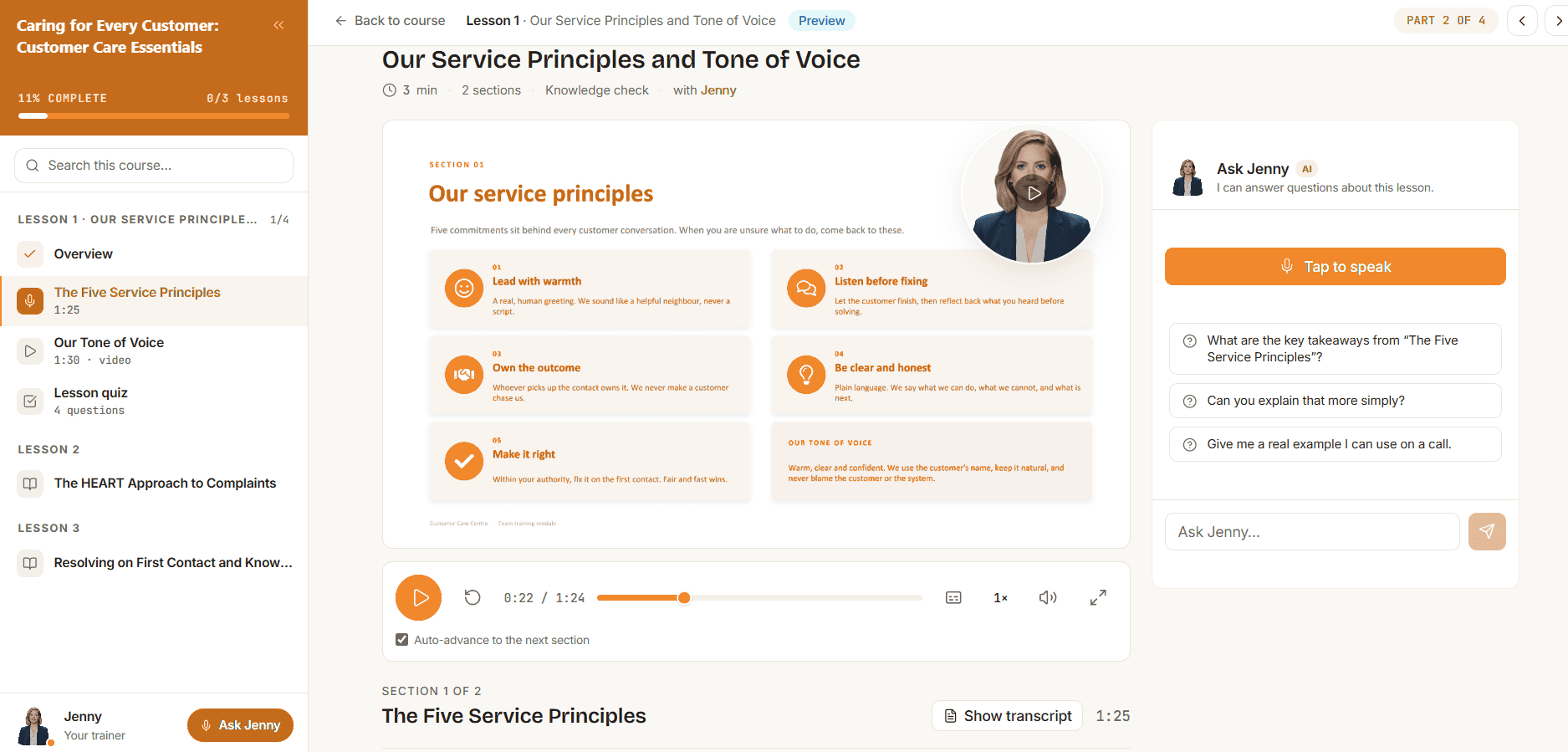The Trainera classroom: a lesson taught by a live AI trainer, with Ask Jenny voice Q&A